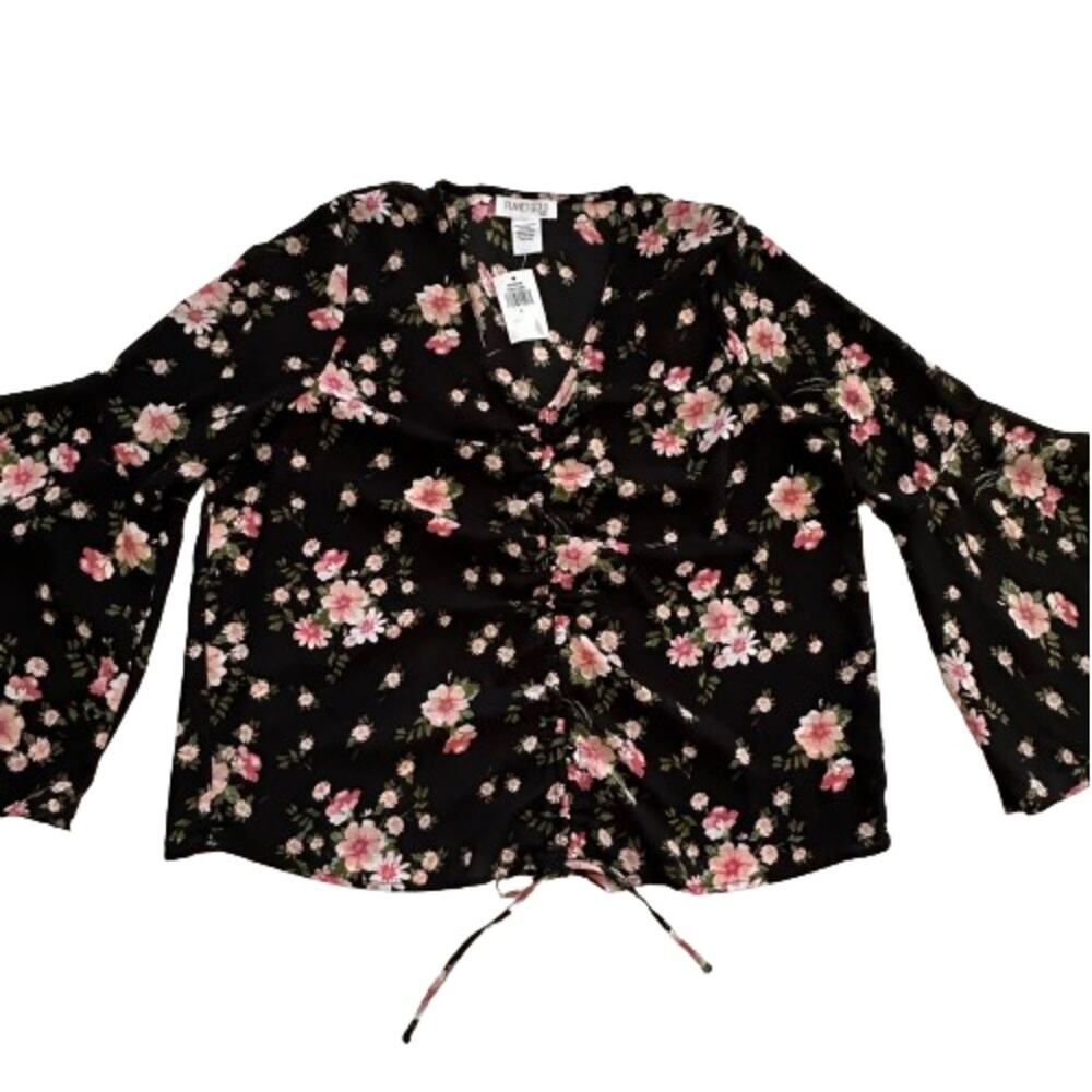 Planet Gold Top Blouse Black Pink Floral V-Neck Bell Sleeve Top Size 1X NEW - Picture 9 of 12